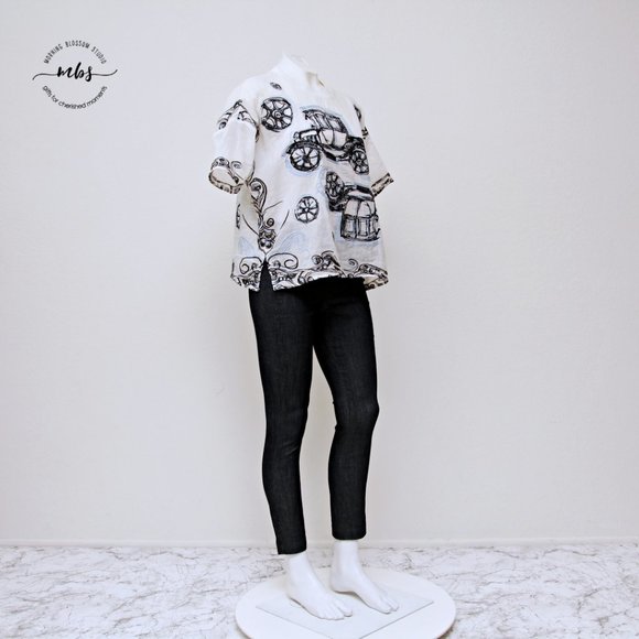 Loranzo Romanza Embroidered Vintage Car Crew Neck Short Sleeve Oversized Blouse - Picture 1 of 9